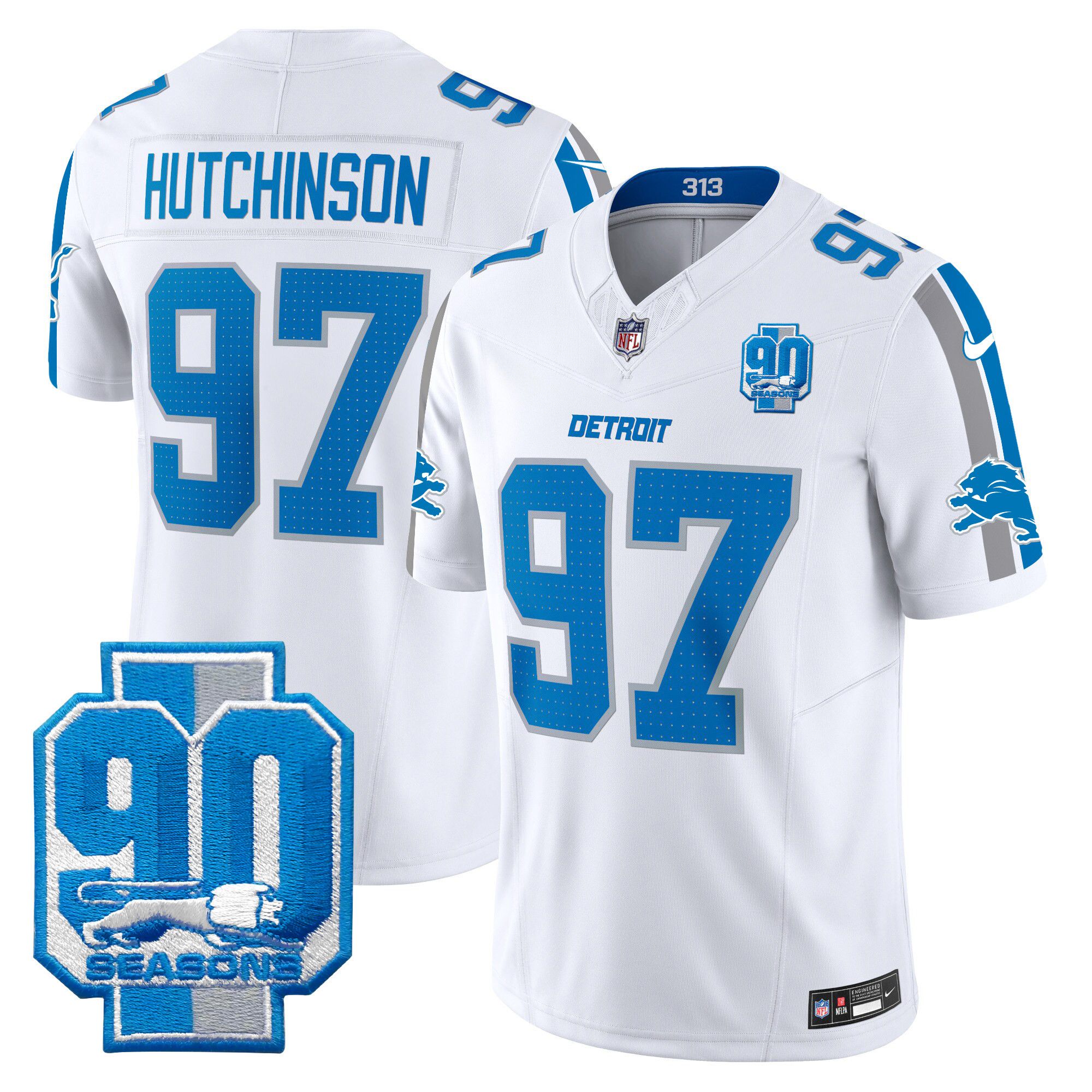 Men Detroit Lions 97 Hutchinson White 2024 Nike 90th Year Patch Vapor Limited NFL Jersey